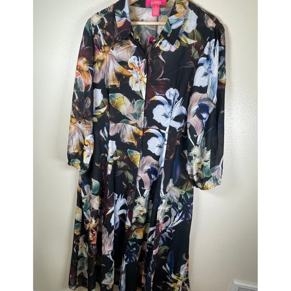 Catherine Malandrino Women's XL Floral Long Sleeve Midi Dress NWT Button Front